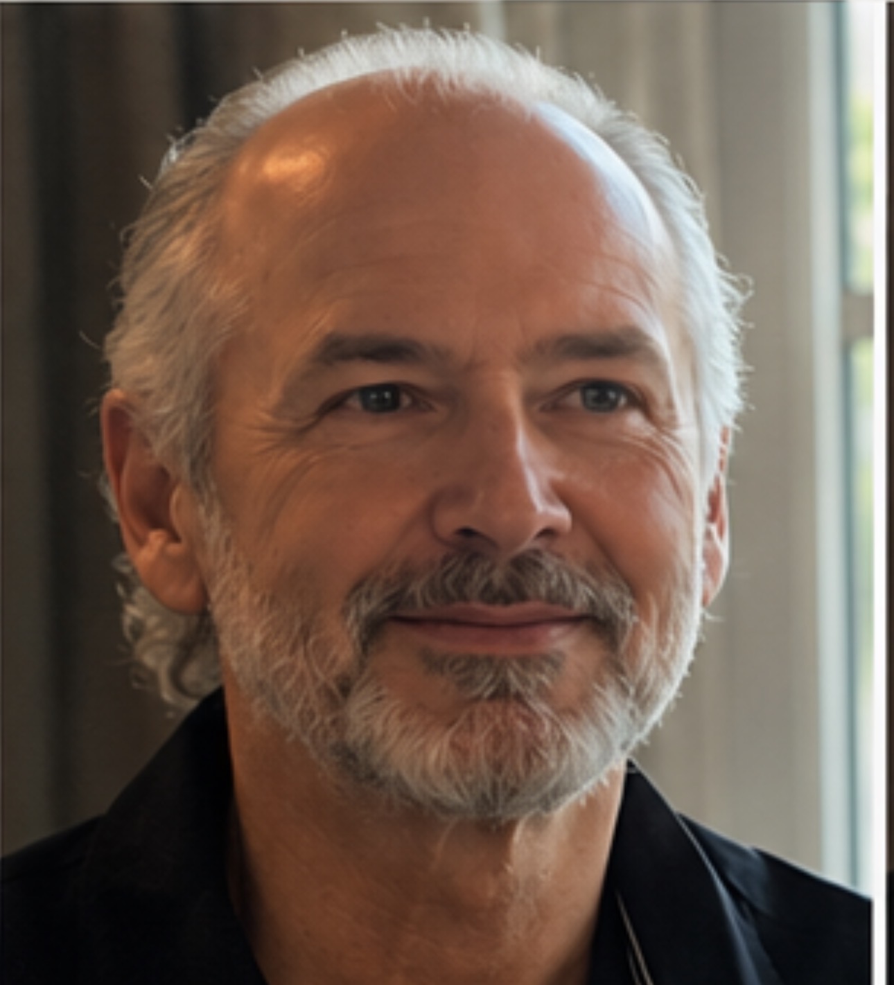 Close-up portrait of a smiling older man with gray hair and beard, wearing a dark shirt, indoors near a window.