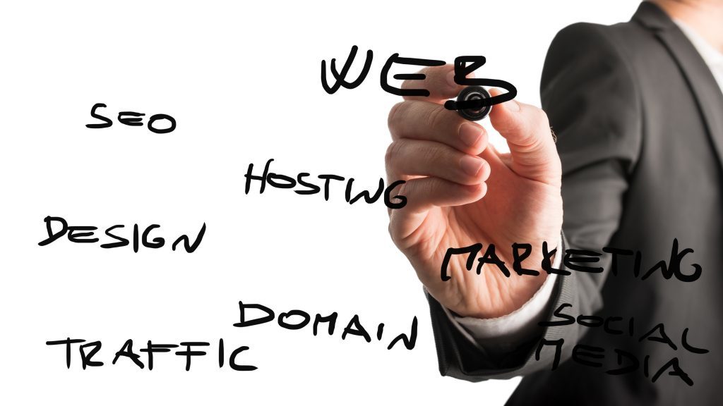 Web SEO concept - SMB Marketing, Inc. Web SEO concept with a close up view of the hand of a businessman writing with a marker on a virtual interface the words, web, SEO, traffic, domain, design, hosting, marketing, social media.